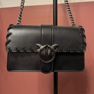 PINKO Love Handbag, Black leather crossbody purse.